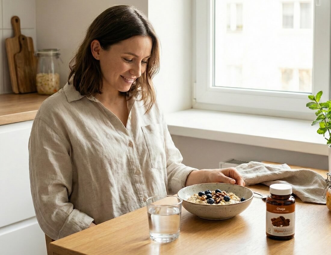 Kobieta je śniadanie po przyjęciu grzybów witalnych Chaga, które wspierają układ trawienny.