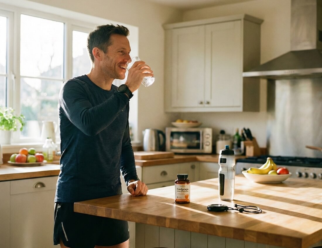 Tabletki grzybów witalnych Cordyceps stoją na stole w kuchni.