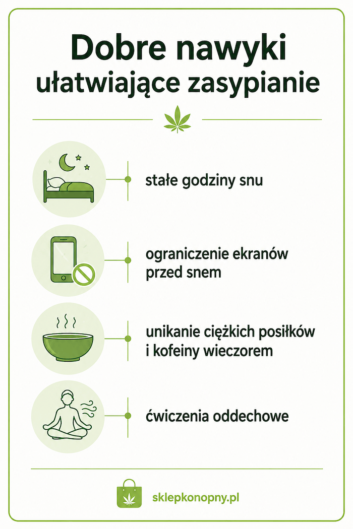 Infografika przedstawiająca dobre nawyki ułatwiające zasypianie.