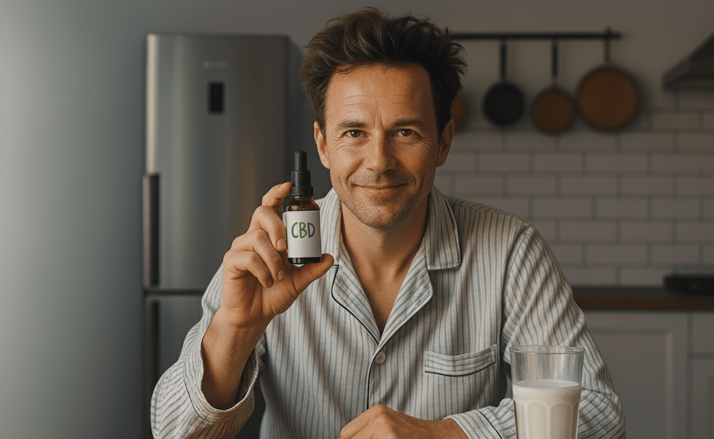 Mężczyzna dolewa olejek CBD na sen do mleka.