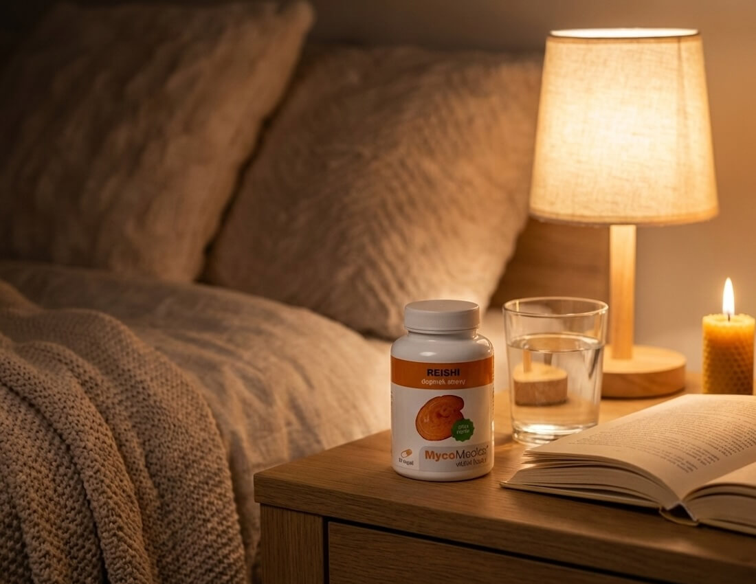 Opakowanie grzybów witalnych reishi wspierających sen stoi na szafce nocnej.