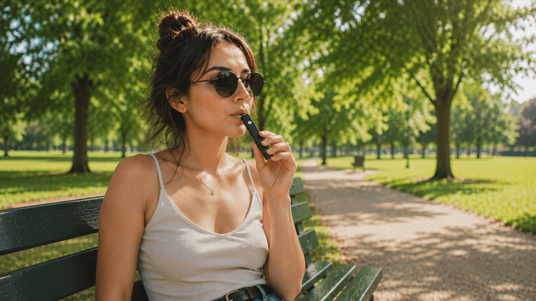 Kobieta korzysta z vape pen w parku.
