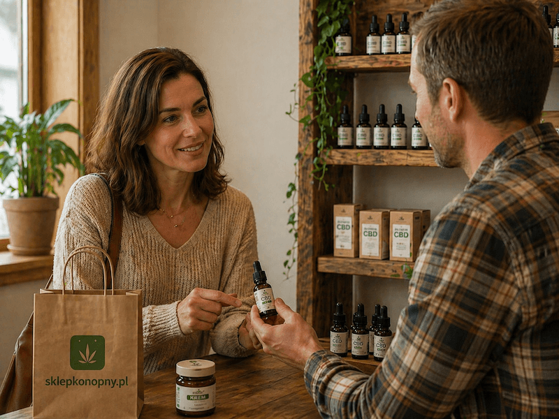 Kobieta kupuje produkty z CBD w sklepie konopnym.